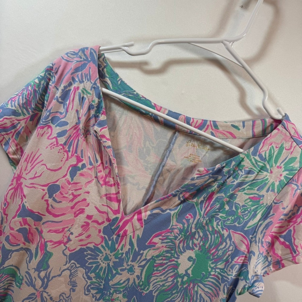 Lilly Pulitzer Womens Pink Blue‎ Floral V-Neck Short Sleeve T-Shirt Dress Size L